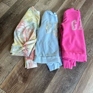 GAP Sweatshirts in Tie-Dye, Light Blue, and Bright Pink